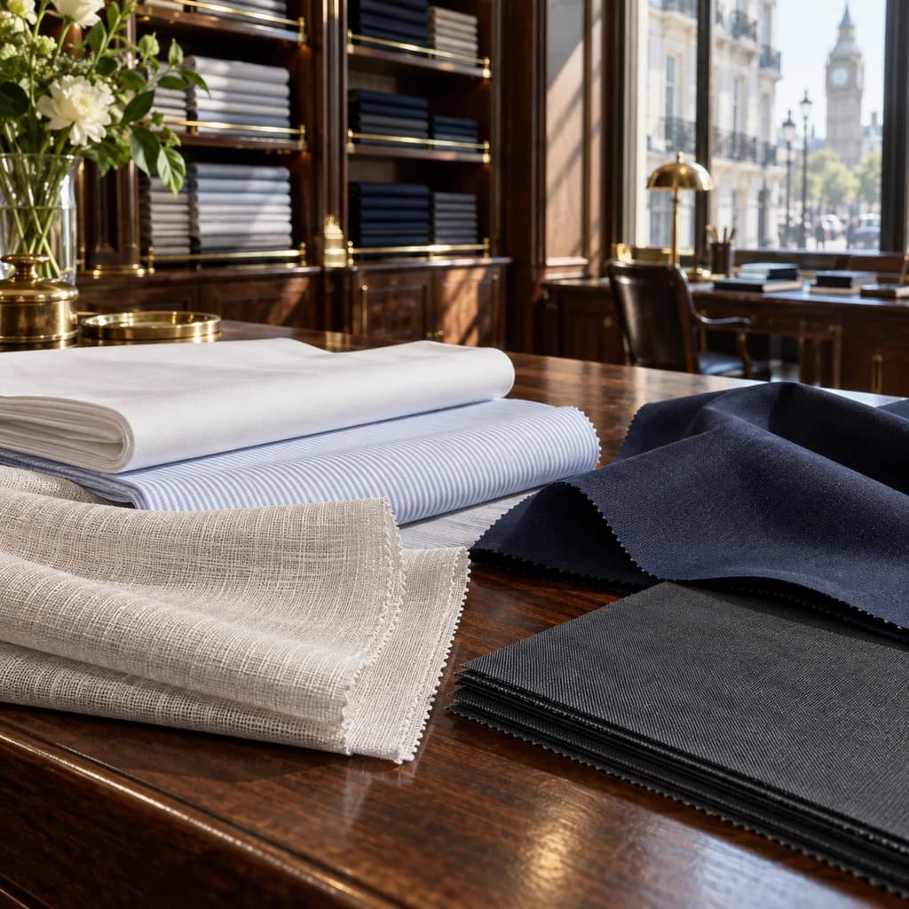 Fine cotton shirting and lightweight trouser fabrics in a London tailor shop