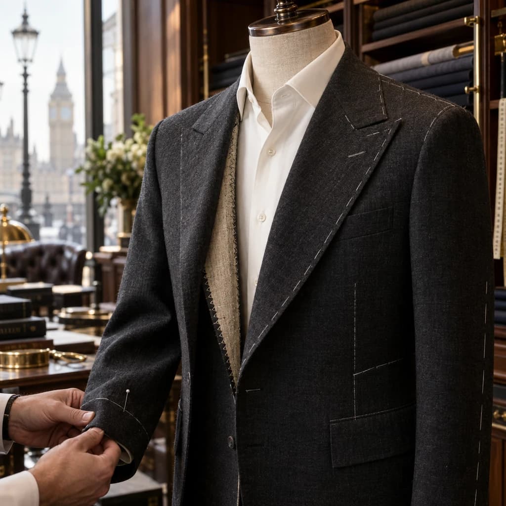Handmade bespoke jacket on a dress form during a tailor fitting