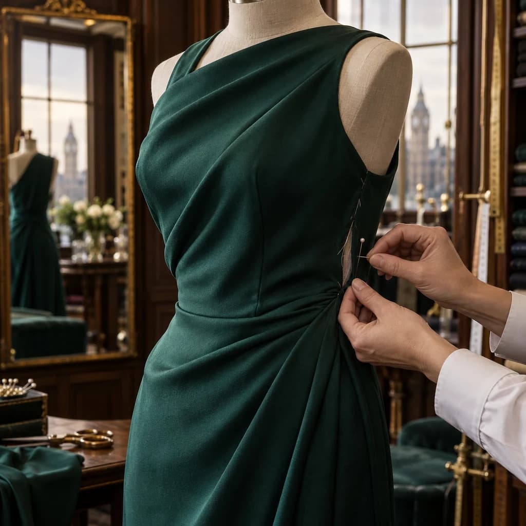Tailor repairing the open side seam of an emerald evening dress in a London atelier