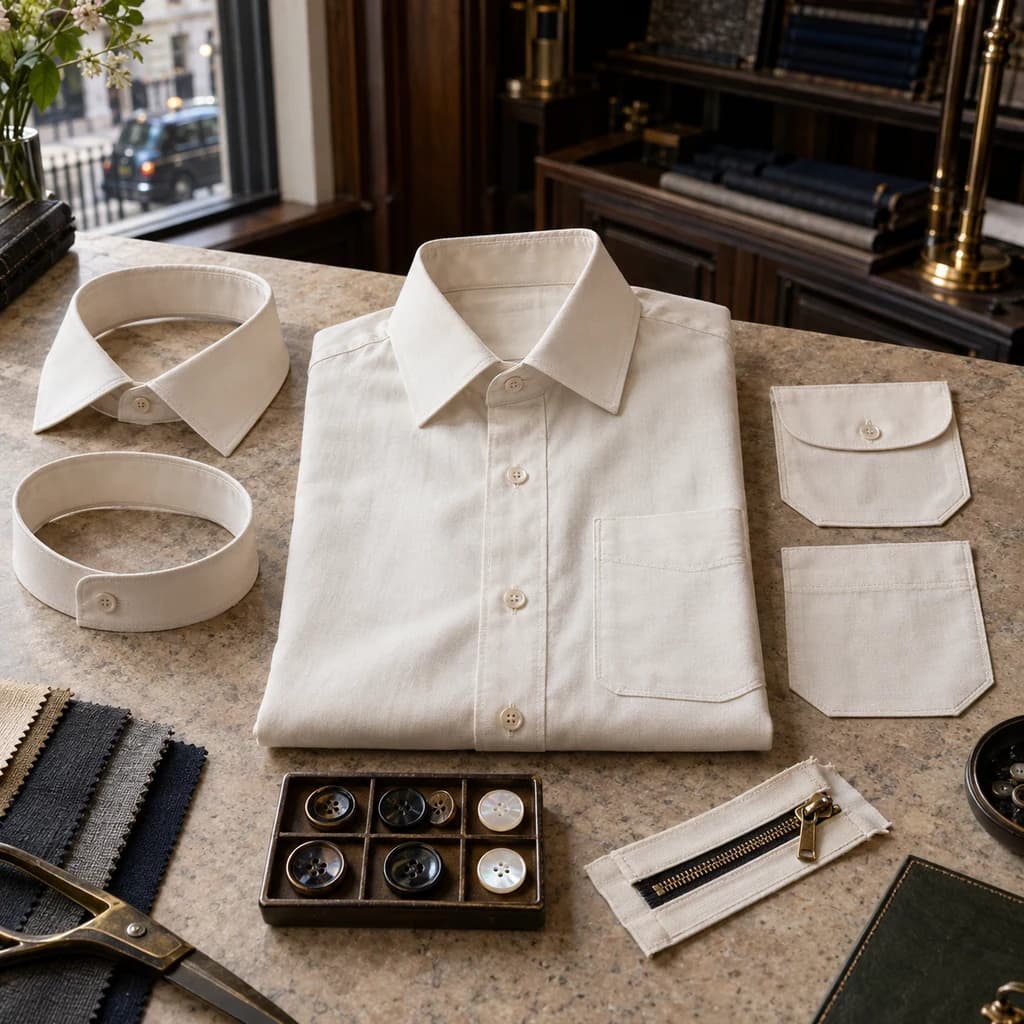 Custom shirt with collar, pocket, button and zipper options on a tailor table