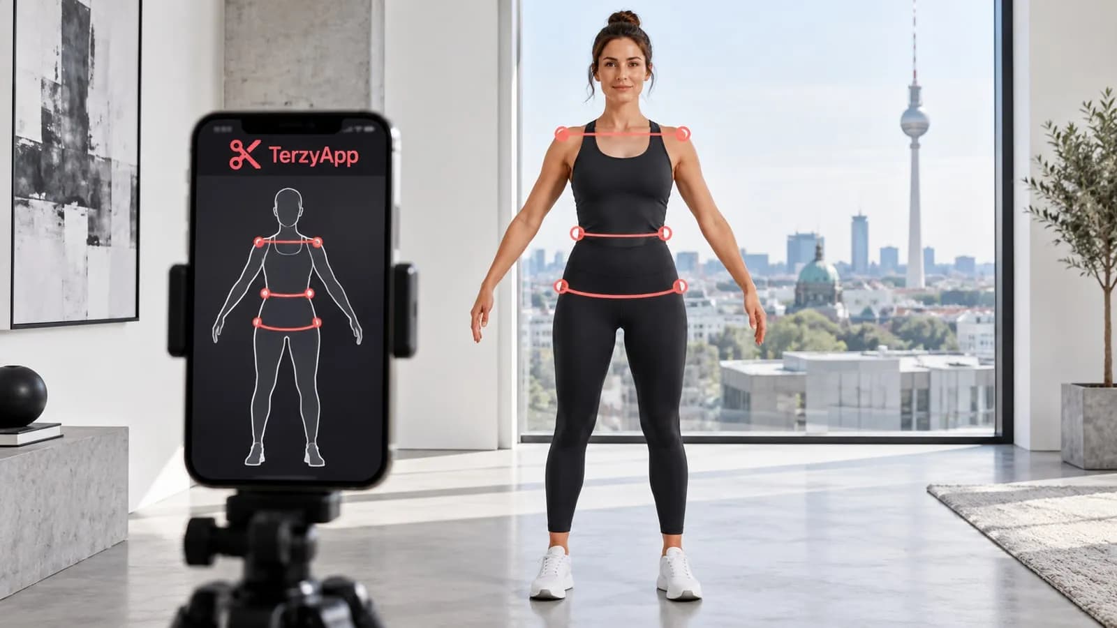Konzeptillustration einer Frau in Sportkleidung, die mit einem TerzyApp-Handy eine KI-gestützte Körpervermessung durchführt.