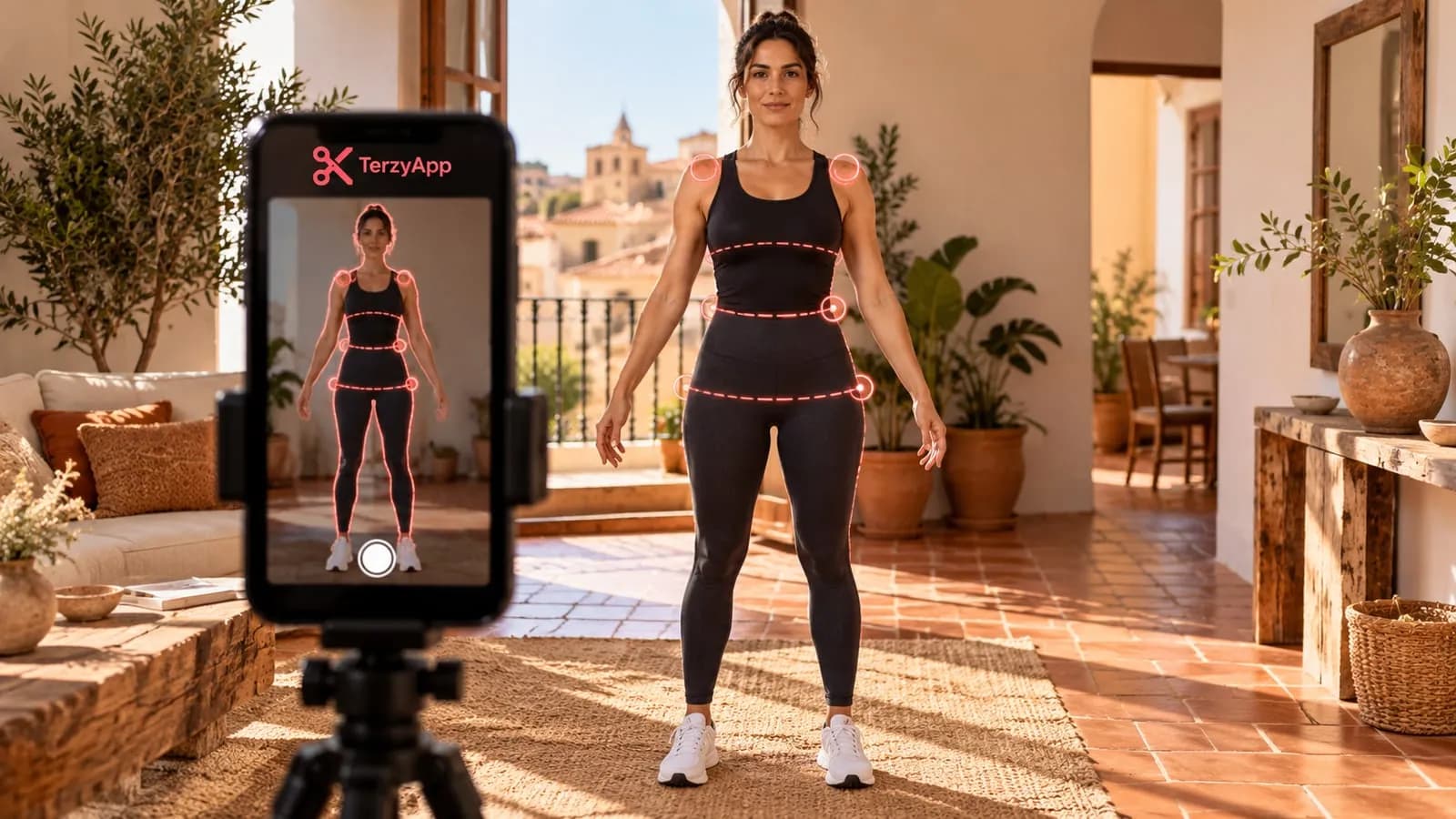 Ilustración conceptual de una mujer en ropa deportiva usando un móvil con la marca TerzyApp para medición corporal asistida por IA.