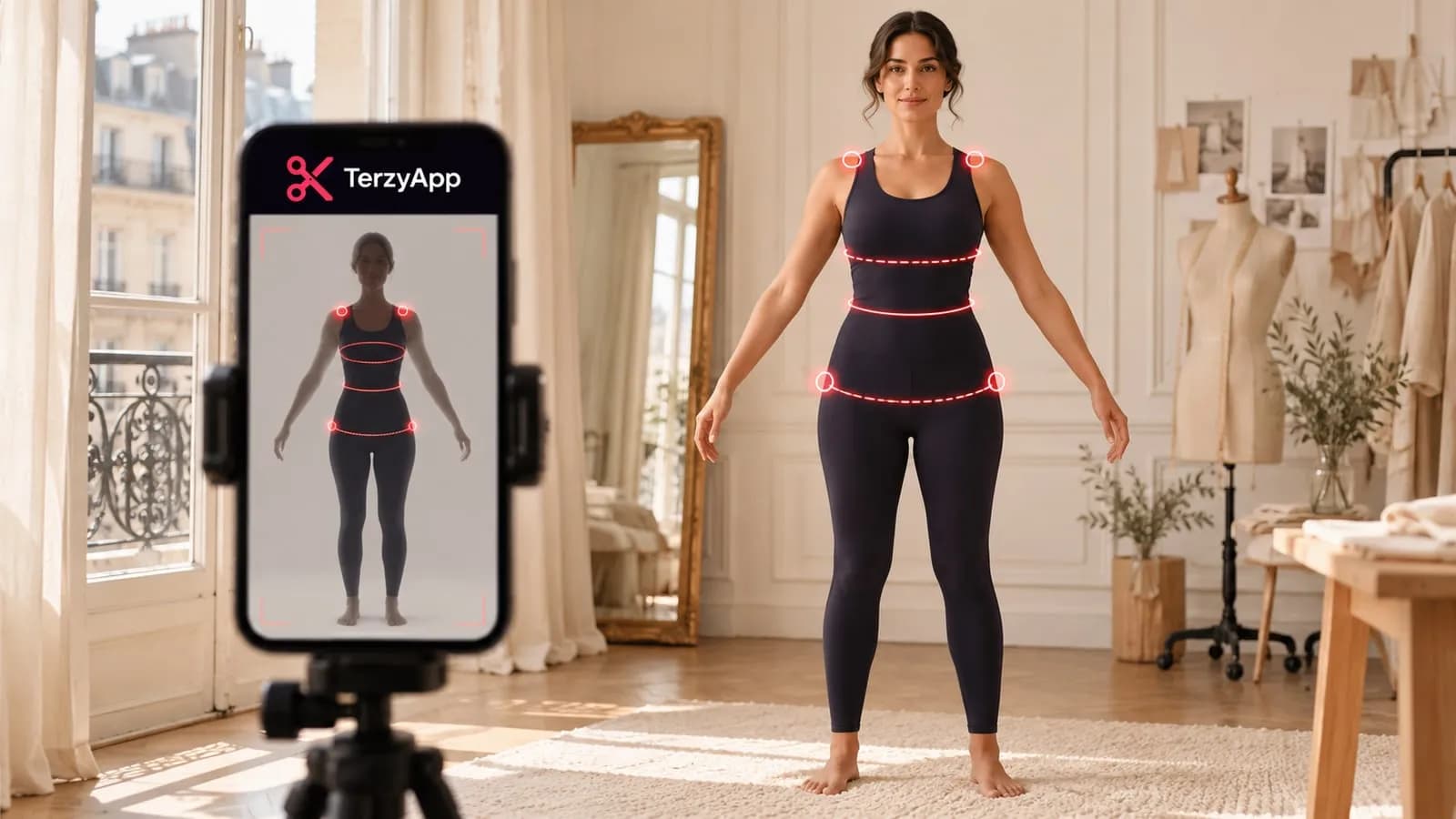 Illustration conceptuelle d'une femme en tenue de sport utilisant un téléphone TerzyApp pour une prise de mesures corporelles assistée par IA.