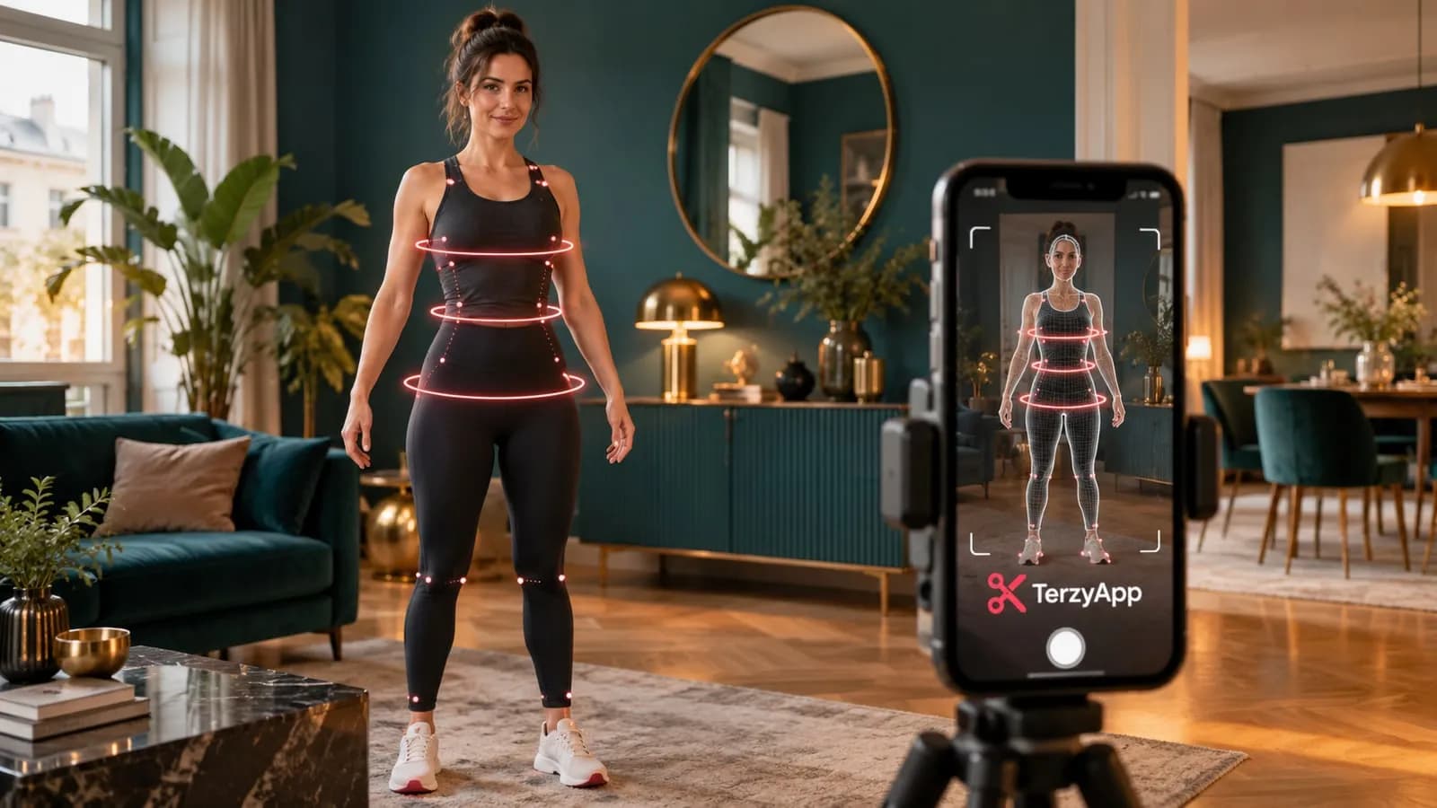 Illusztráció: sportos nő TerzyApp logós telefonnal, AI-alapú testmérés közben.