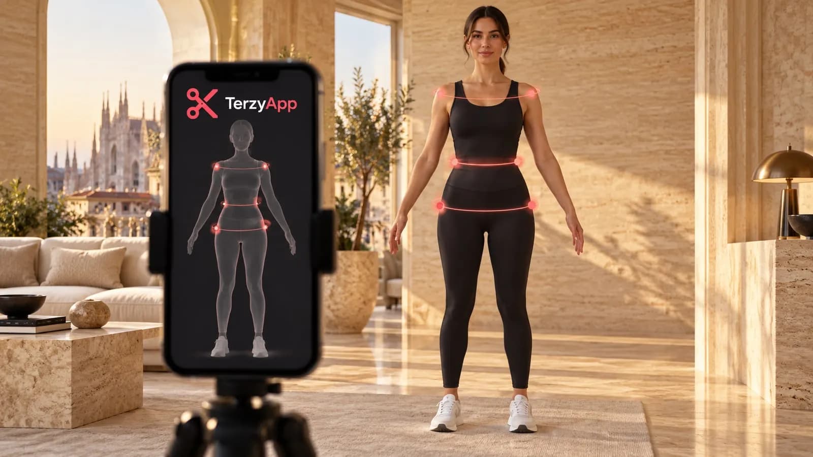Illustrazione concettuale di una donna in abbigliamento sportivo che usa uno smartphone con marchio TerzyApp per la misurazione corporea assistita da intelligenza artificiale.