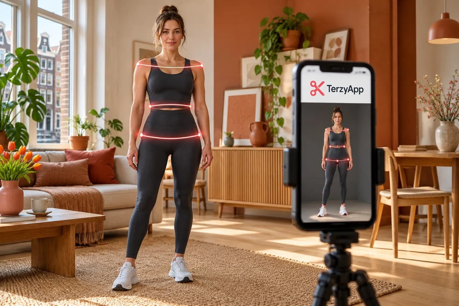 Sfeervolle illustratie van een vrouw in sportkleding die met een TerzyApp-telefoon AI-ondersteund haar lichaamsmaten opneemt.