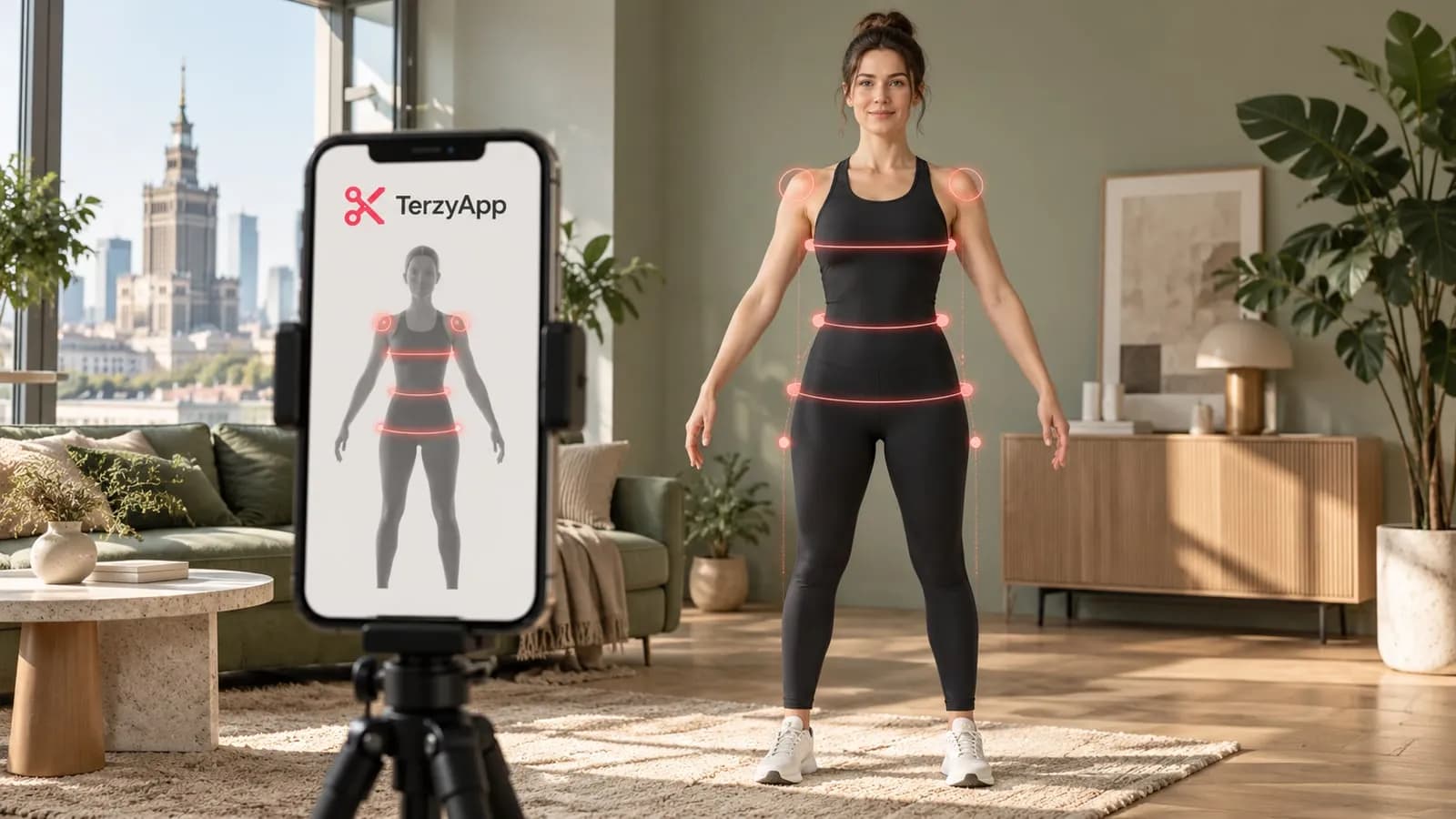 Ilustracja koncepcyjna: kobieta w stroju sportowym korzysta z telefonu z logo TerzyApp do pomiaru ciała wspomaganego AI.