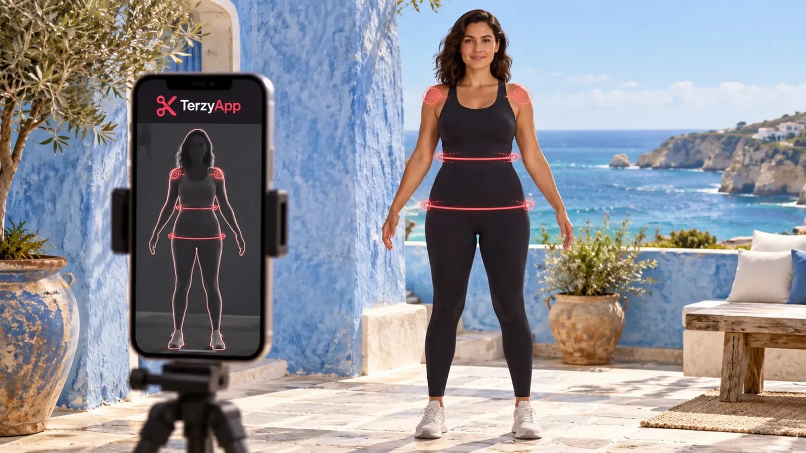 Ilustração conceptual de uma mulher em roupa desportiva a usar um telemóvel com marca TerzyApp para medição corporal assistida por IA.