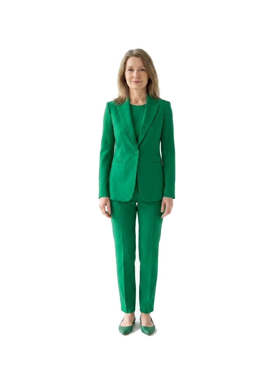 The same woman wearing a made-to-measure outfit cut to fit her